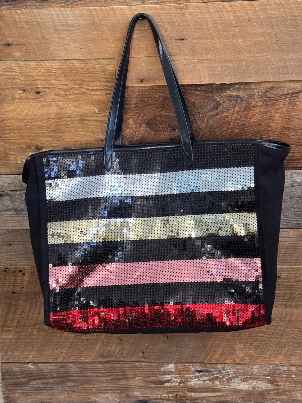 VS Weekender Tote Bag featuring black sequin stripes.